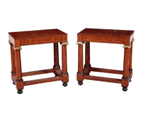 A PAIR OF EMPIRE STYLE ROSEWOOD AND BRASS MOUNTED CONSOLE TABLES 20th Century, inlaid throughout with boxwood stringing, the 