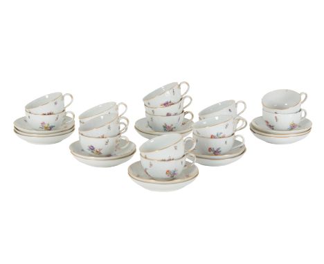 A 20TH CENTURY MEISSEN PORCELAIN PART TEA SERVICE decorated with floral sprays and insects on a spiralled white ground with b