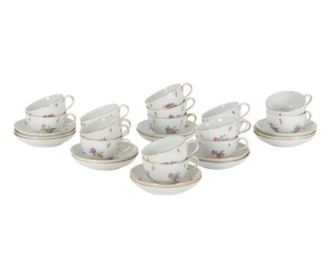 A 20TH CENTURY MEISSEN PORCELAIN PART TEA SERVICE decorated with floral sprays and insects on a spiralled white ground with b