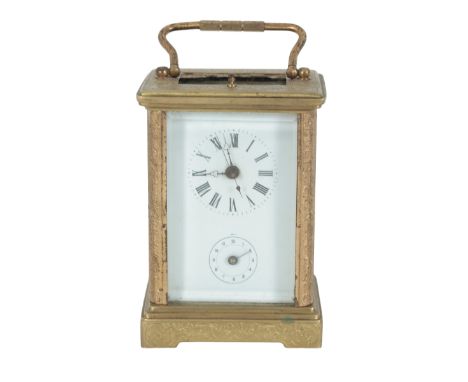 A BRASS CARRIAGE CLOCK 20th Century, probably Chinese in the 19th Century French style, the white enamelled dial with alarm t