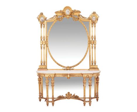 AN IMPRESSIVE 19TH CENTURY ENGLISH MIRROR BACK CONSOLE TABLE BY G. NOSOTTI, LONDON of Louis XVII design, modelled throughout 