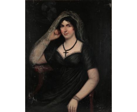 19TH CENTURY ENGLISH SCHOOL, PORTRAIT OF A LADY IN MOURNING oil painting, relined canvas 92cm x 71cm, in later mahogany and p