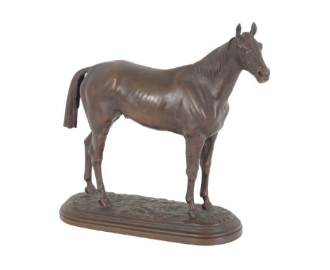 ISIDORE JULES BONHEUR (1827-1901) matt brown patinated bronze, standing Thoroughbred stallion, on naturalistic and moulded ov