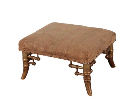 A VICTORIAN GILTWOOD RECTANGULAR FOOTSTOOL 19th Century, with bamboo style legs, the top upholstery in floral tapestry, 17cm 