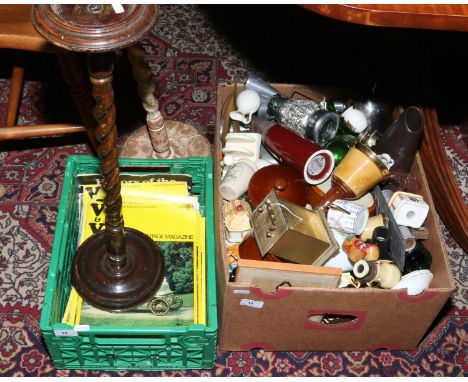 Two boxes of miscellaneous to include two barleytwist smokers stands, veteran and vintage magazines, crested ware etc.