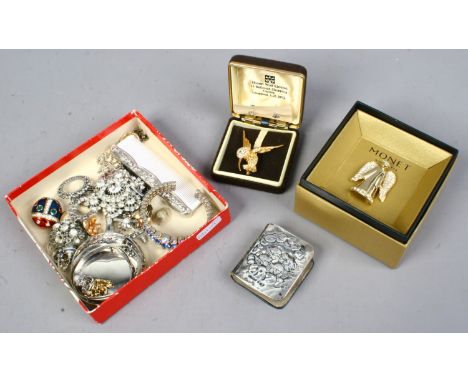 A box of vintage costume jewellery etc including silver mounted prayer book, silver babies bangles boxed Monet brooch and whi