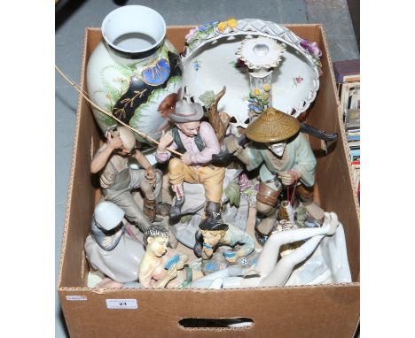A box of ceramic figures to include Lladro style, Capodimonte style etc.