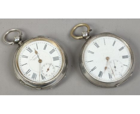 Two continental silver cased pocket watches with enamel dials and subsidiary seconds, spares or repair.