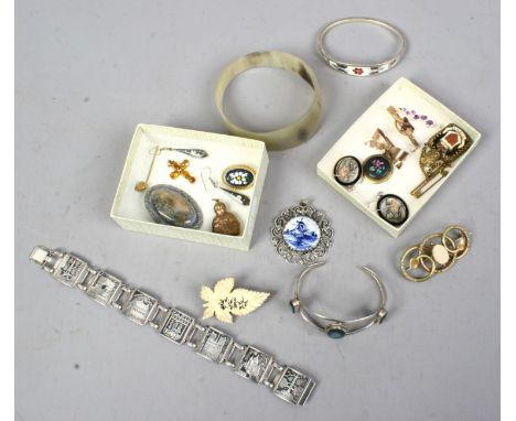 Two small boxes of vintage costume jewellery including white metal panel bracelet, Pinchbeck knot brooch and gem set brooches