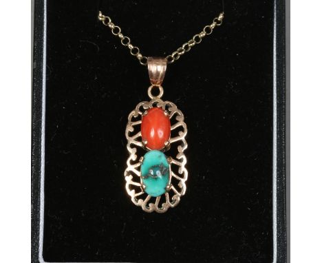 A vintage gold, coral and turquoise pendant on 9ct gold chain.