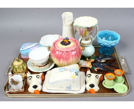 A tray of mixed pottery and china including Whieldon style miniature pot, Beswick duck, Royal Worcester jug and a Davidson gl