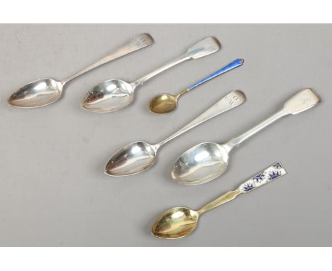 Six silver spoons including Danish gilt with enamel decoration and Georgian examples.