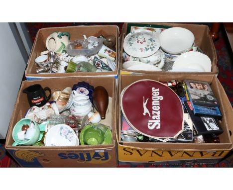 Four boxes of miscellaneous to include Spode dinnerwares, stoneware, DVDs etc.