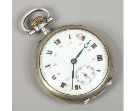 A continental silver cased fob watch with enamel dial and subsidiary seconds.Condition report intended as a guide only.Runnin