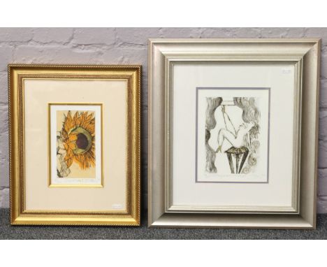 South African school two framed limited edition signed lithograph prints titled Putting Desire on a Pedestal and Sunflower 2.