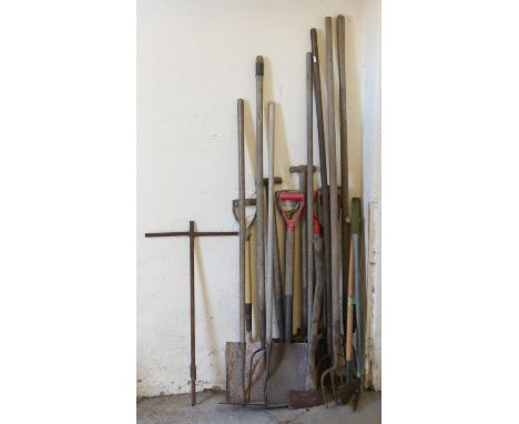 A good collection of garden tools to include pitch forks, Hoe's spades shovels, woodmans axe etc.