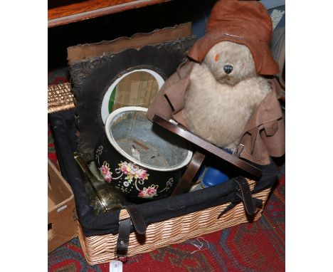 A wicker picnic hamper and contents of collectables to include Gabrielle designs bear, dressing table set, bracket shelf etc.