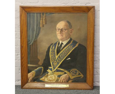 Frank Waddington (1897 - 1952) masonic interest large oak framed oil on canvas, portrait of Dr Gerald Gage Wray, signed and d