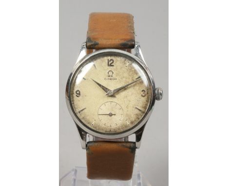 A gents Omega stainless steel manual wristwatch with subsidiary seconds and applied baton markers.Condition report intended a