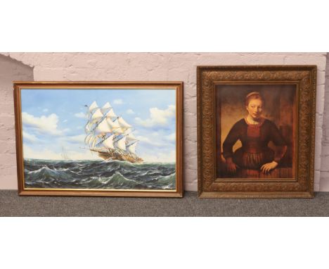 A framed oil on canvas seascape with galleon in full sail, along with a framed Rembrandt print.