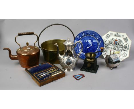 A quantity of collectables including copper kettle, brass jam pan, cased drawing set, silver plate, vintage BSM badge, Queen 