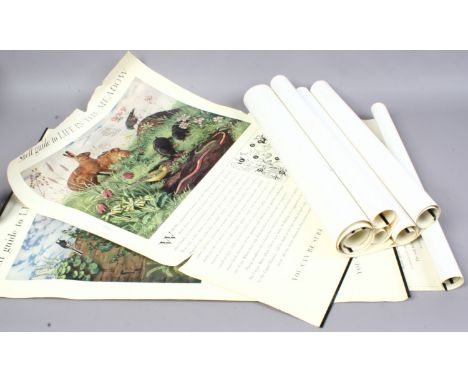 Nine shell vintage advertising posters, Shell Guide to Life; by the stream, in the meadow, on the wall, on the cliff, on the 