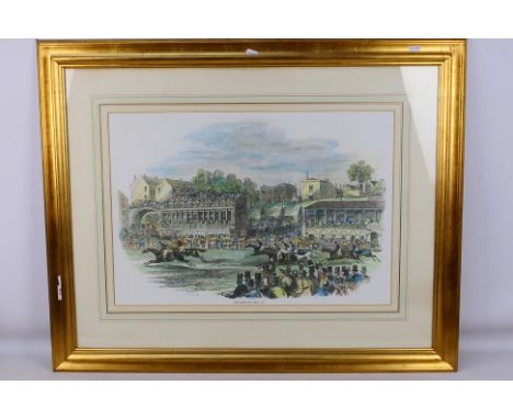 Horse Racing Interest - A coloured print, The Race For The Cup, mounted and framed under glass, approximately 43 cm x 62 cm i