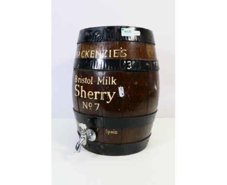 A vintage coopered advertising barrel for Mackenzie's Bristol Milk Sherry, approximately 35 cm (h). [W]