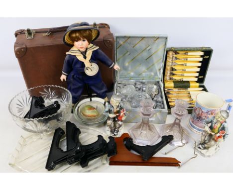 Lot to include vintage case, Alberon porcelain doll, cased flatware, glassware and other. [W]