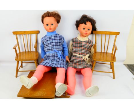 Effe - 2 x large vintage Italian Effe dolls which stand 86 cm tall and a wooden table and chair set suitable for dolls which 