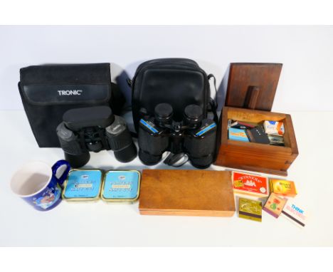 Lot to include two pairs of binoculars, vintage match boxes / books and other. [W]