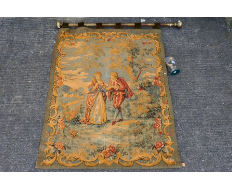 A large wall hanging tapestry depicting a courting couple, approximately 150 cm x 120 cm. [2]. [W]