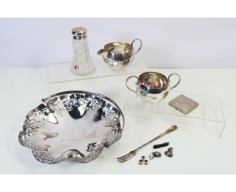 A quantity of plated ware, Dubarry powder compact with engine turned decoration, a silver topped sugar shaker, Birmingham ass