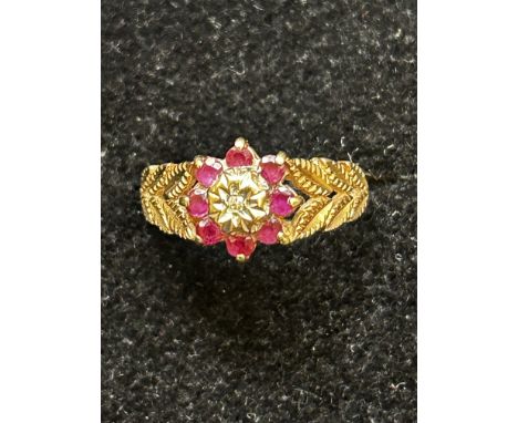 9ct gold ring set with diamond and rubies Size K