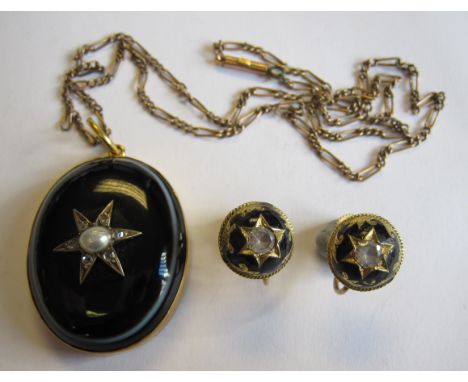 A pair of Paste and black Enamel Earrings on screw fittings and a Seed Pearl, Diamond and Agate Locket containing woven hair 