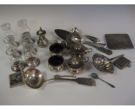 Six engraved glass Condiments with sterling silver bases and sundry silver items including Sauce Ladle, Condiments, Cigarette