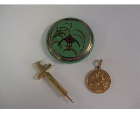 A Mordan retractable Pencil formed as a cross, an enamel on silver Pill Box and a yellow metal facsimile Sovereign