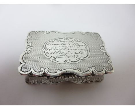 A Victorian silver Snuff Box with presentation inscription and engine turning, Birmingham 1855, maker: T.D