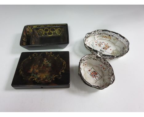 A 19th Century papier mache Paint Box decorated Fragonard scene, 5 1/2 x 4in, two papier mache and three enamel Trinket Dishe