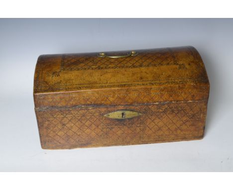 A 19th century leather covered small Trunk with domed lid having trellis decoration, 16in