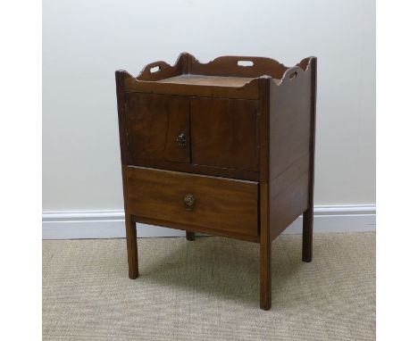 A Georgian mahogany tray top Commode with a pair of doors and drawer below on squared supports