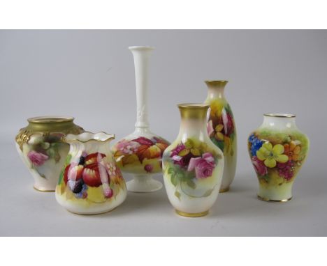 A collection of six Royal Worcester small Vases, two painted blackberries signed K. Blake, (one A/F), two painted roses signe