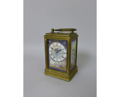 A 19th Century gilt brass and porcelain Carriage Clock, the porcelain dial marked with roman numerals and painted cherubs, th