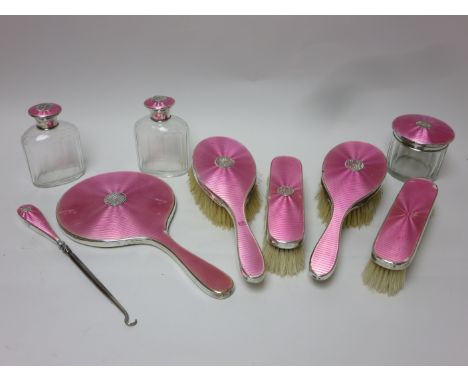 A George V silver and pink enamel Dressing Table Set named Vera, Birmingham 1924/5, 9 pieces