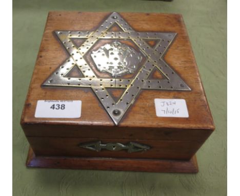 A Victorian oak Games Box with plated cribbage board surmount, containing counters, pegs, games, etc, 8in square