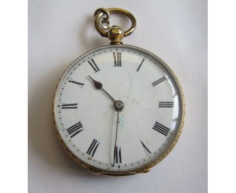 A Lady's Continental Fob Watch, the white enamel dial with roman numerals in floral engraved case, stamped 18K