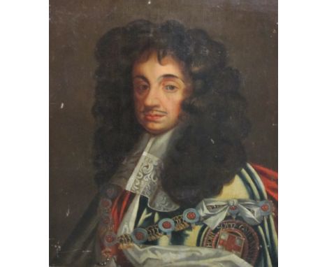 MANNER OF SIR GODFREY KNELLER. Portrait of King Charles II, quarter-length, wearing robes, oil on canvas, 30 x 25 in