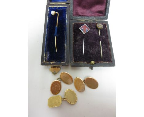 Pair of 9ct gold oval Cuff links engraved initials, a single Cuff Link and three Tie Pins with enamel, etc