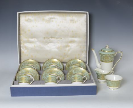 A Royal Worcester "Embassy" part Coffee Set viz: gilt on duck egg bands, six coffee cans and saucers (boxed) Coffee pot, crea