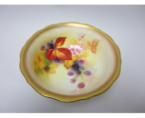 A Royal Worcester Bowl painted blackberries and blossom by Kitty Blake, 9in, signed